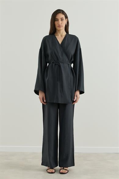Anvelop Kapamalı Pantolonlu Kimono Takım Siyah