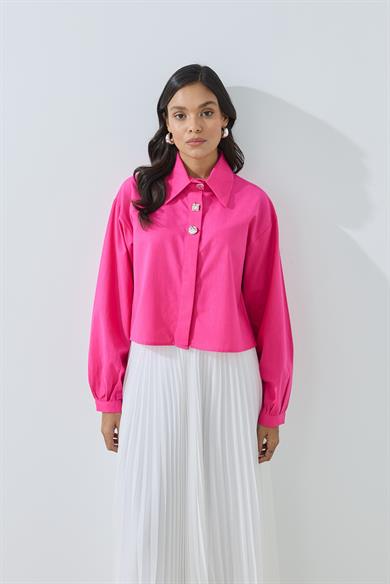 Düğme Detaylı Crop Gömlek Fuşya