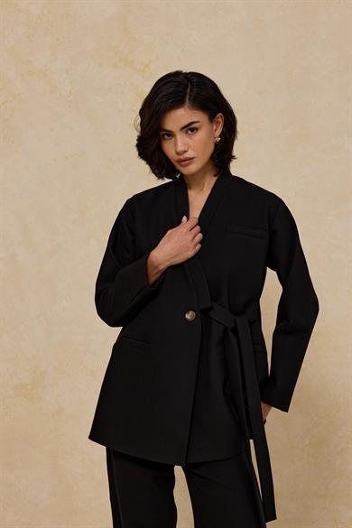 Tek Düğmeli Bağlamalı Astarlı Ceket Siyah