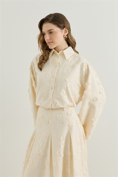 Viona Nakışlı Gömlek Etek Vual Takım Krem
