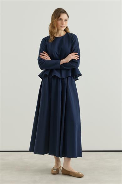 Bluzu Volanlı Etekli Keten Takım Lacivert