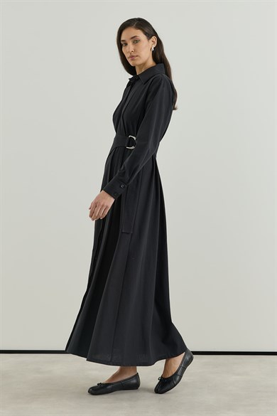 D tokalı Büyük Kemerli Keten Elbise Siyah