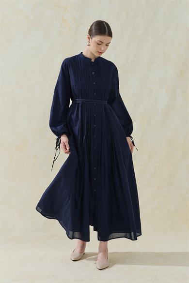 Nervürlü Astarlı Vual Elbise Lacivert