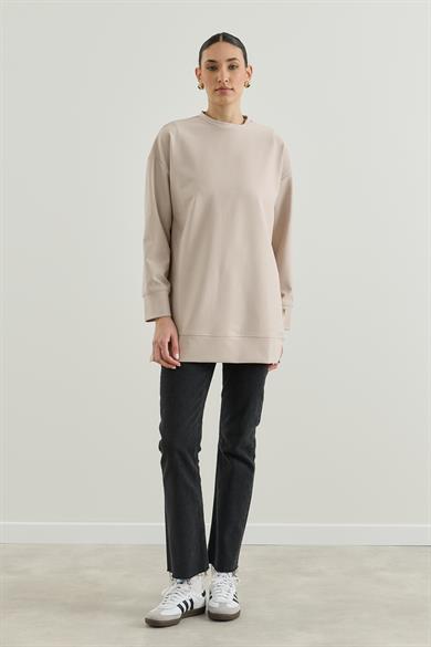 Üç İplik Kapüşonlu Fermuarlı Sweatshirt Taş