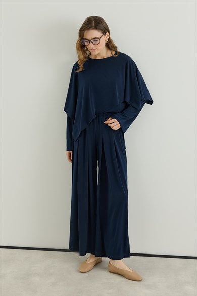 Asimetrik Kesim Tunik Pantolon Sandy Takım Lacivert