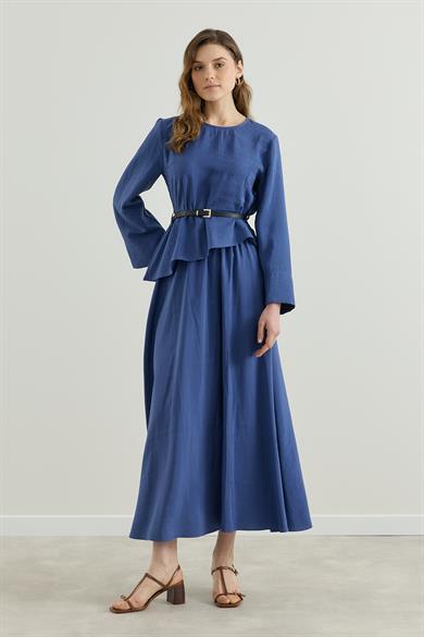 Asimetrik Bluzlu Kemerli Etek Takım İndigo