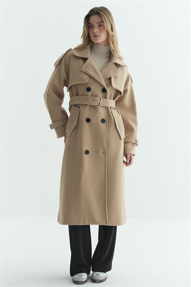 Rüzgarlıklı Kaşe Kaban bej