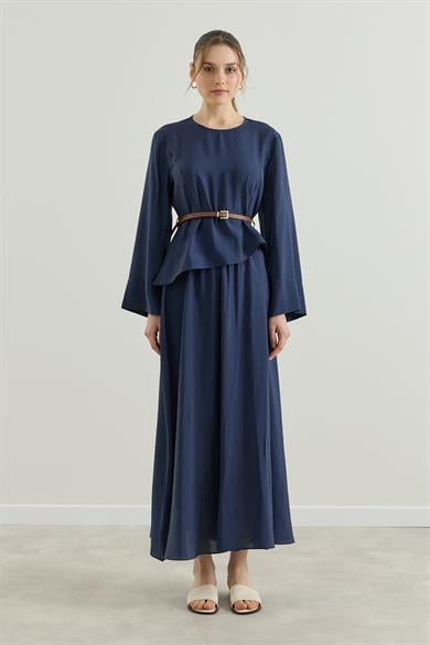 Asimetrik Bluzlu Kemerli Etek Takım Lacivert 