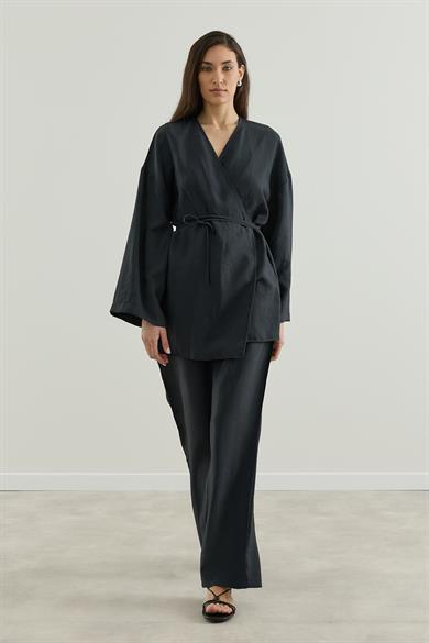 Anvelop Kapamalı Pantolonlu Kimono Takım Siyah
