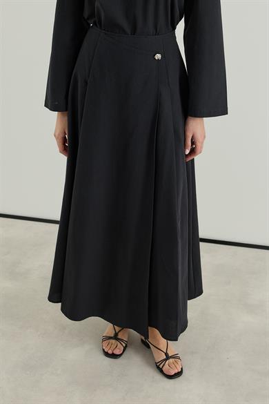 Asimetrik Kapamalı Pileli Etek bluz Keten Takım Siyah