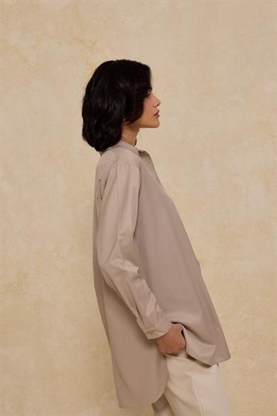 Boyun Bağlamalı Pamuk Saten Gömlek Gri