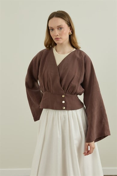 Düğme Detaylı Modal Kimono Bluz Kahverengi