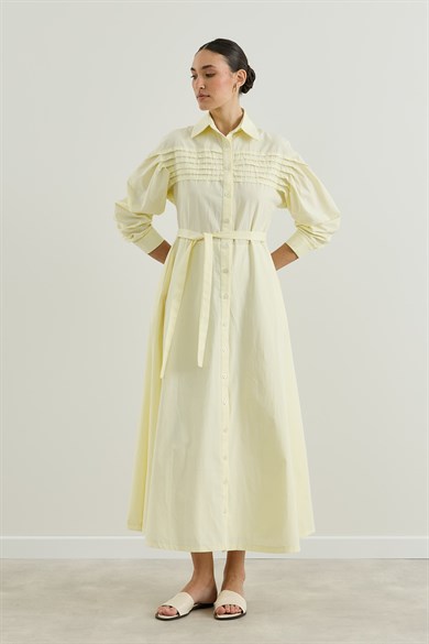 Nervür Detaylı Gömlek Elbise Sarı