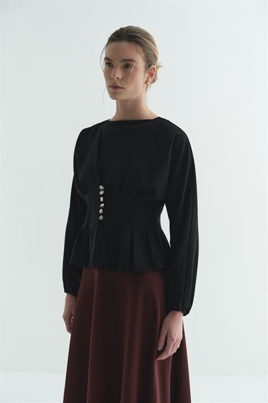 Pile Detaylı Bluz Siyah