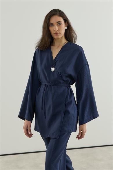 Anvelop Kapamalı Pantolonlu Kimono Takım Lacivert