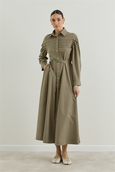 Nervür Detaylı Gömlek Elbise Haki