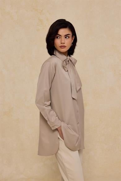 Boyun Bağlamalı Pamuk Saten Gömlek Gri