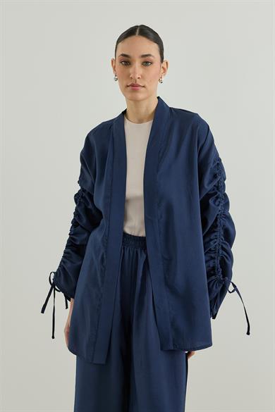 Outlet Kolu Büzgülü Modal Kimono Takım Lacivert