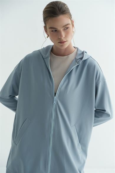 Kapüşonlu Fermuarlı Sweatshirt Mavi