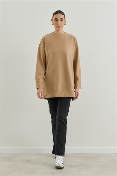 Üç İplik Kapüşonlu Fermuarlı Sweatshirt bej