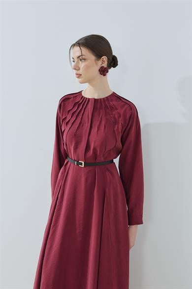 Godeli Nervürlü Elbise Bordo