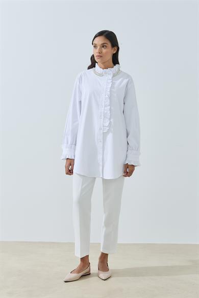 Su Yolu Taş Detaylı Poplin Gömlek Beyaz