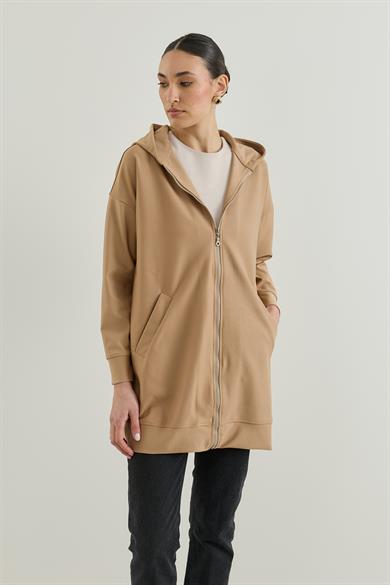 Kapüşonlu Fermuarlı Sweatshirt Camel