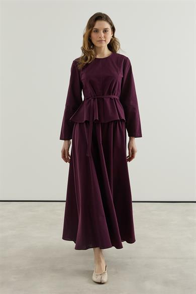 Bluzu Volanlı Etekli Keten Takım Bordo