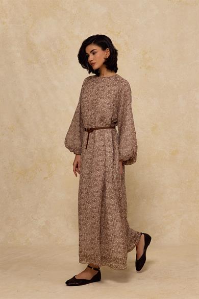 Kemerli Şifon Elbise Bej