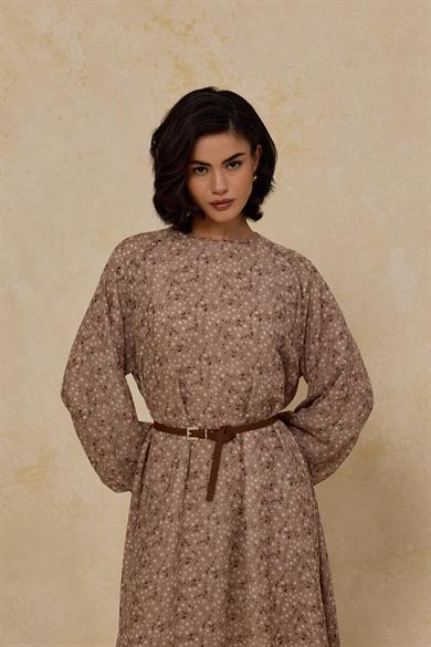 Kemerli Şifon Elbise Bej