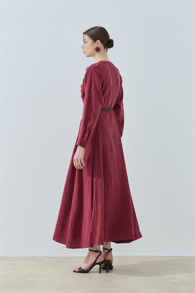 Godeli Nervürlü Elbise Bordo