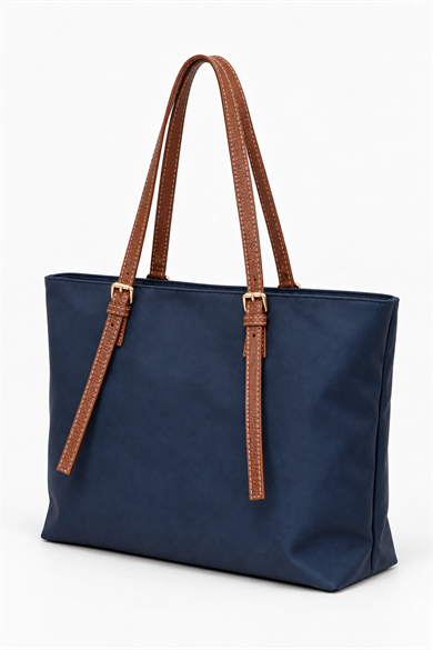 İnce Askılı Deri Detaylı Shopper Çanta