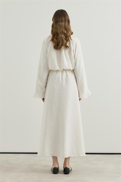 ---------- Volan Detaylı Bluz Etek Gofre Astarlı Takım Ekru
