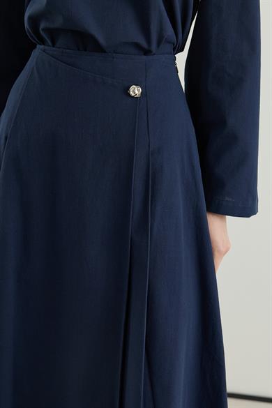 Asimetrik Kapamalı Pileli Etek bluz Keten Takım Lacivert