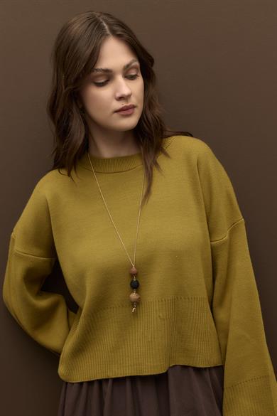 Ribana Geçişli Cropped Triko Kazak Zeytin Yeşili