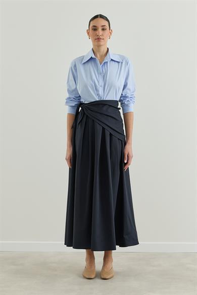 Seyyar Kumaş Kemerli Pileli Etek Lacivert