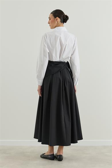 Seyyar Kumaş Kemerli Pileli Etek Siyah