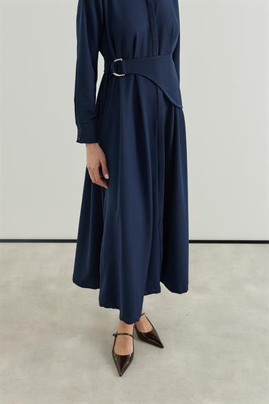 D tokalı Büyük Kemerli Keten Elbise Lacivert