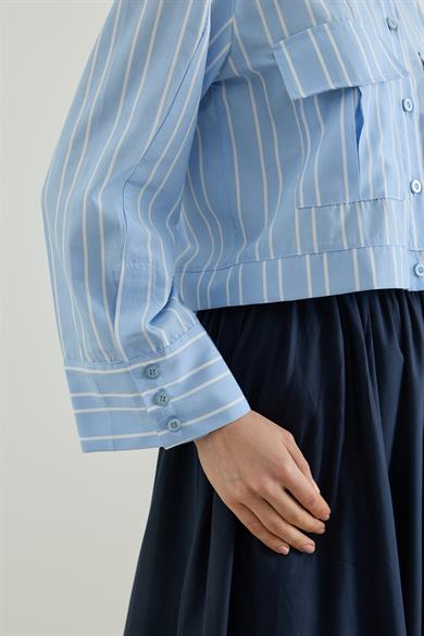 Cepli Çizgili Poplin Kısa Gömlek  Mavi 