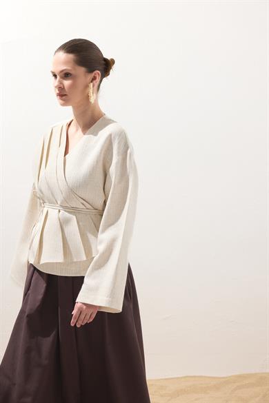 Pile Detaylı Anvelop Keten Kimono