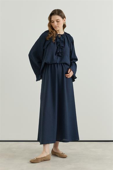 Volan Detaylı Bluz Etek Gofre Astarlı Takım Laciivert