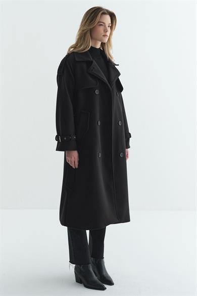 Rüzgarlıklı Kaşe Kaban Siyah