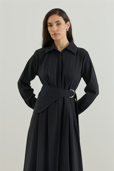D tokalı Büyük Kemerli Keten Elbise Siyah