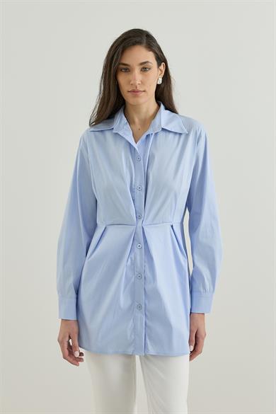 Belden Oturtmalı Pamuk Poplin Gömlek  Mavi