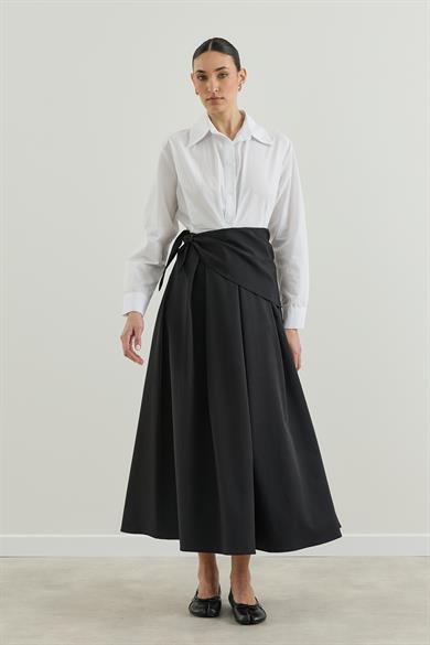 Seyyar Kumaş Kemerli Pileli Etek Siyah