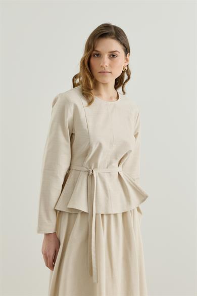 Bluzu Volanlı Etekli Keten Takım Bej 