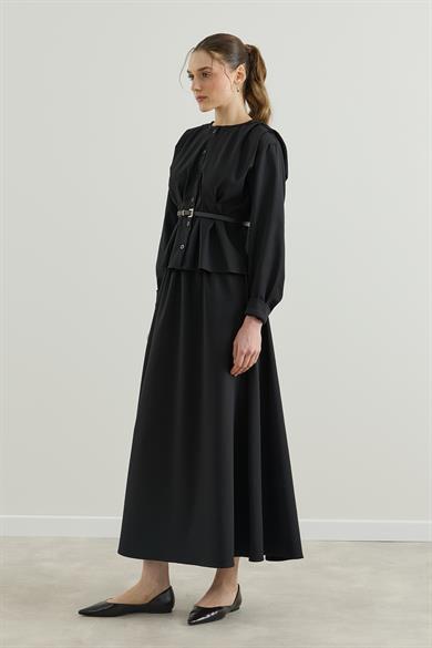 Pileli Kemerli Gömlek Etek Takım Siyah