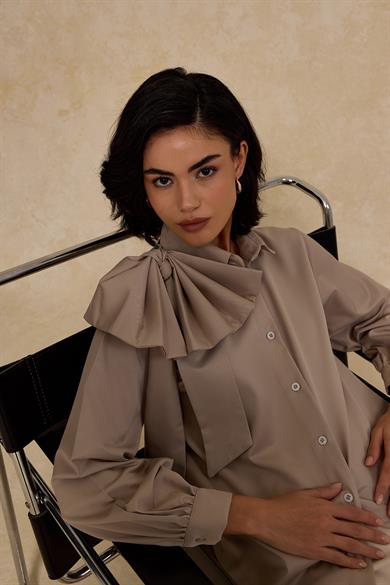 Fiyonklu Pamuk Saten Gömlek Gri