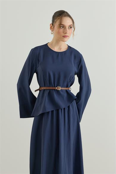 Asimetrik Bluzlu Kemerli Etek Takım Lacivert 