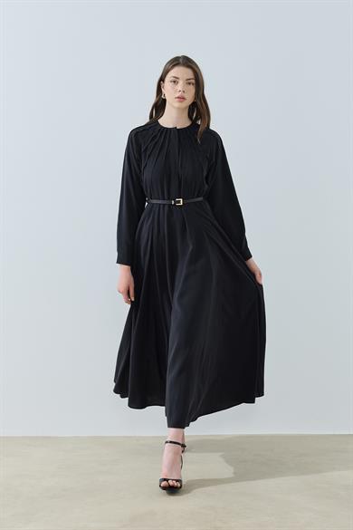 Godeli Nervürlü Elbise Siyah